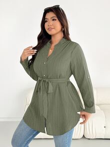 SHEIN Essnce 大尺碼休閒百搭純色附腰帶襯衫 - 軍綠色 - 查看 7