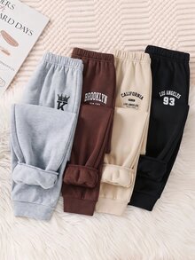 SHEIN 4件組兒童青少年男孩休閒百搭運動長褲，深綠色、麻灰、霧藍、黑色，適合通勤、上學、日常休閒外出、運動，秋冬穿著 - 彩色 - 查看 5