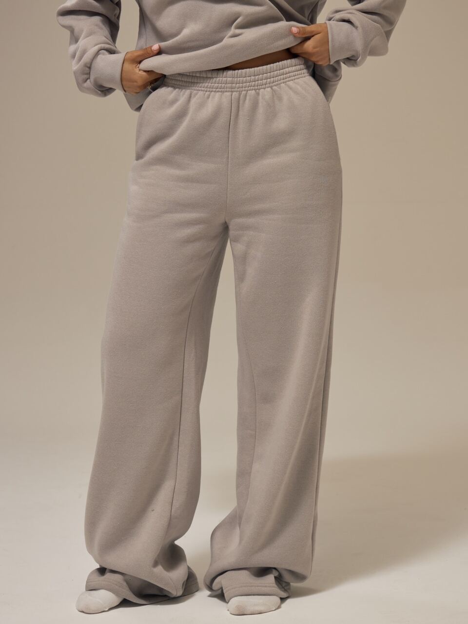 Grey Fleece Elastic Waistband Relaxed Fit Wide Leg Sweatpants