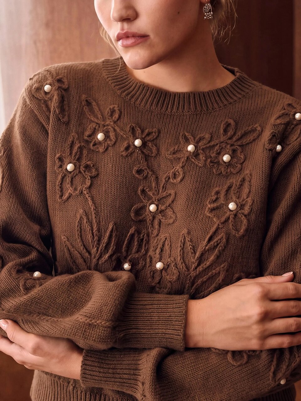 MOTF PLUS SIZE FLORAL PATTERN FAUX PEARL DETAIL ROUND NECK SWEATER