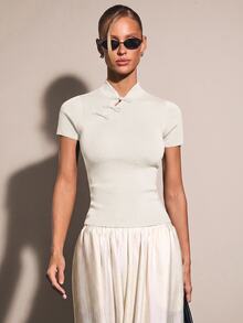 COSMINA Chinese Style Knitted Women's Top With Chinese Button Decoration - White - View 4