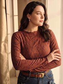 MOTF PREMIUM PLUS SIZE SOLID JACQUARD LETTUCE TRIM LONG SLEEVE T-SHIRT FALL - Coffee Brown - View 5