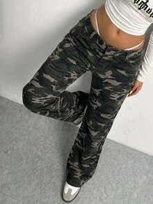 Livesso Women's Camouflage Print Flare Jeans Fall - Green - View 3