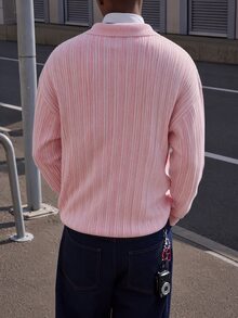 Manfinity LEGND 男士休閒純色翻領落肩長袖粉色開襟羊毛衫，秋冬款 - 彩色 - 查看 2