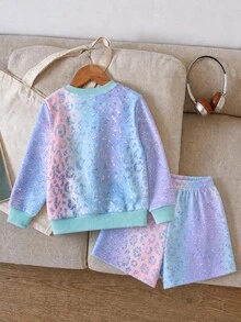 Tween Girl Leopard Print Long Sleeve Sweatshirt And Shorts Casual Set - Multicolor - View 2