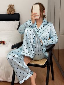 Napfluff Star Print Faux Silk Open Front Long Sleeve Women's Pajama Set - Blue - View 3