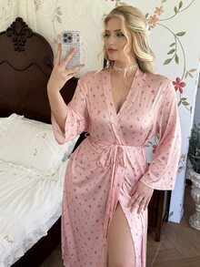 CottageSlumber Plus Size Women's Knit Ditsy Floral Tie-Front Robe - Dusty Pink - View 3