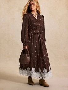 Écloséra Curve Plus Size French V-Neck Long Sleeve A-Line Dress With Lace Hem - Brown - View 2