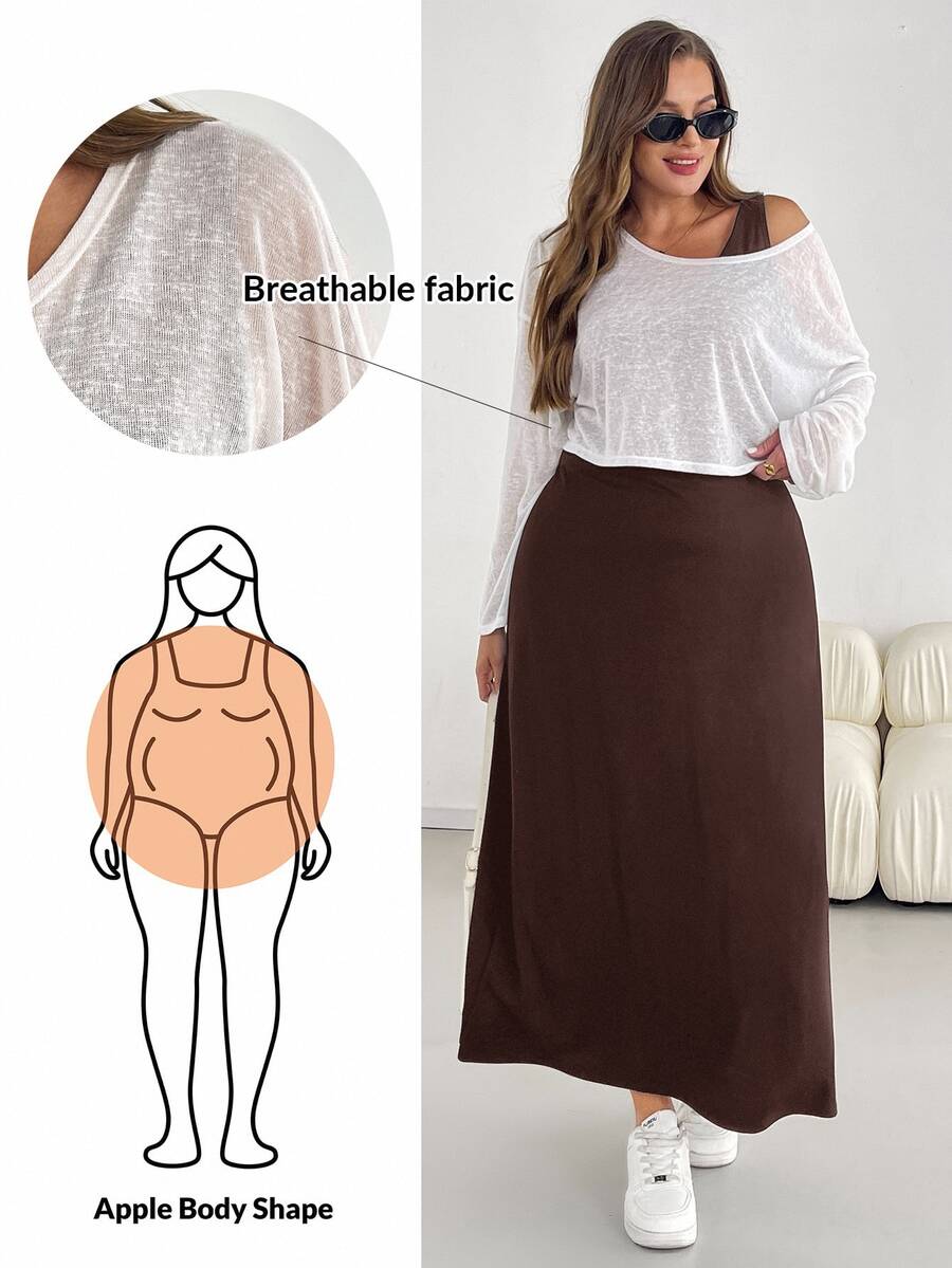 Shapeblank 大尺碼女款純色長袖上衣與洋裝休閒兩件套 秋季 - 咖啡棕 - 查看 1