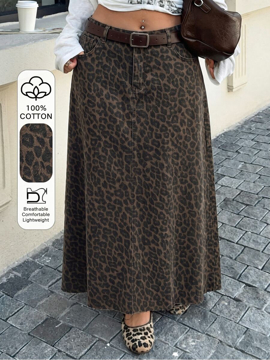 SHEIN MOD Plus Size Women's Leopard Print Pocket Casual Fashion Denim Skirt Work Outfits For Women