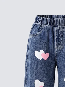 SHEIN Girls' Denim Jeans, All-Season New Style, Cute & Playful Design, Deep Blue Washed Denim With Pink+White Contrast Heart Print And Snow Wash Effect, Fashionable Loose Straight Leg Wide-Leg Fit, Soft & Comfortable Fabric, Versatile For Daily Wear, Parties, Outings And More, All-Season New Girls' Denim Jeans - Dark Wash - View 4