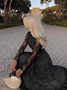 Firerie Women's Elegant Long Lace Dress With Stand Collar And Bell Sleeves - Black - View 5