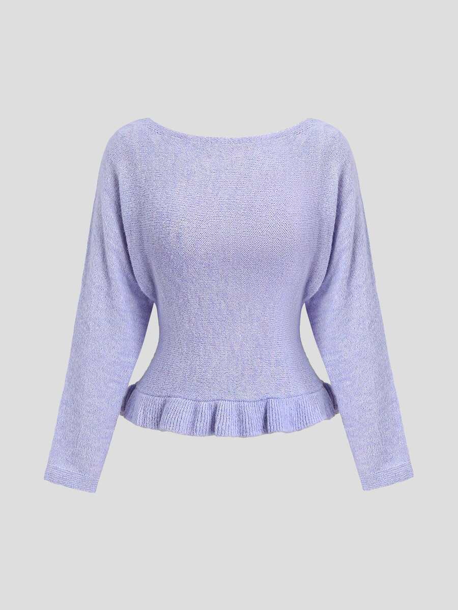 Sweetra Women's Solid Color Casual Versatile Daily Long Sleeve Sweater - Purple - View 1
