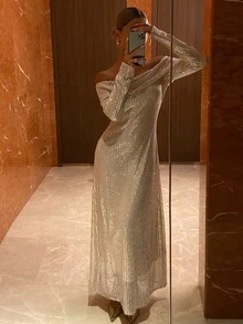 Livesso Women's Solid Color Off Shoulder Long Sleeve Sequin Elegant Dress Fall - Apricot - View 4