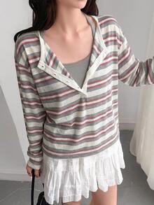 DAZY Women's Korean Style Button Half-Placket Striped Colorblock T-Shirt Fall - Burgundy - View 4