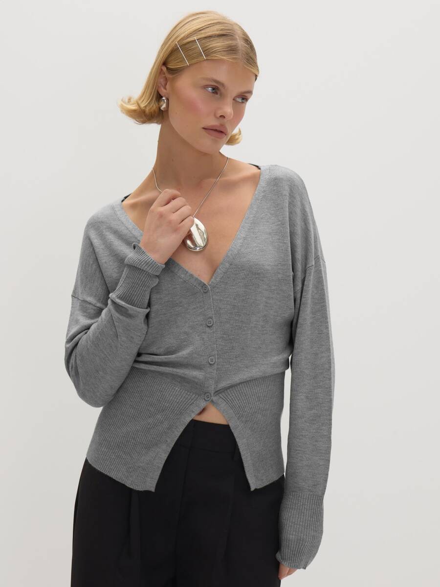 MUSEYN Cardigan Rajut Kasual Wanita Warna Polos Lengan Panjang Model Bahu Longgar Kancing Tunggal - Grey - View 1
