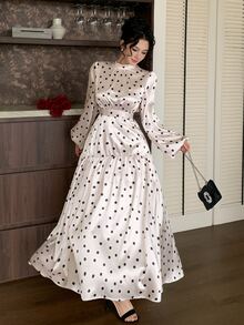 DAZY Women's Polka Dot Print Stand Collar Long Sleeve Ruffle Hem Dress Fall - White - View 6