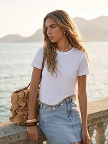 CAJUNI Kaos Kasual Lengan Pendek Leher Bulat Motif Bintang Laut untuk Liburan Wanita - Putih - View 4
