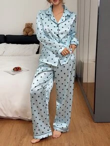 Napfluff Star Print Faux Silk Open Front Long Sleeve Women's Pajama Set - Blue - View 5