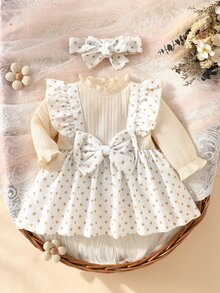 SHEIN Newborn Baby Girl Spring/Autumn Elegant Sweet Ruffle Collar Long Sleeve Ruffle Fake Suspenders Big Bow Brushed Ribbed & Polka Dot Corduroy Dress With Matching Headband - Apricot - View 1