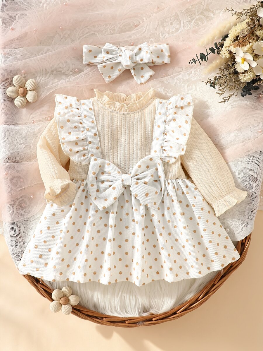 SHEIN Newborn Baby Girl Spring/Autumn Elegant Sweet Ruffle Collar Long Sleeve Ruffle Fake Suspenders Big Bow Brushed Ribbed & Polka Dot Corduroy Dress With Matching Headband - Apricot - View 1