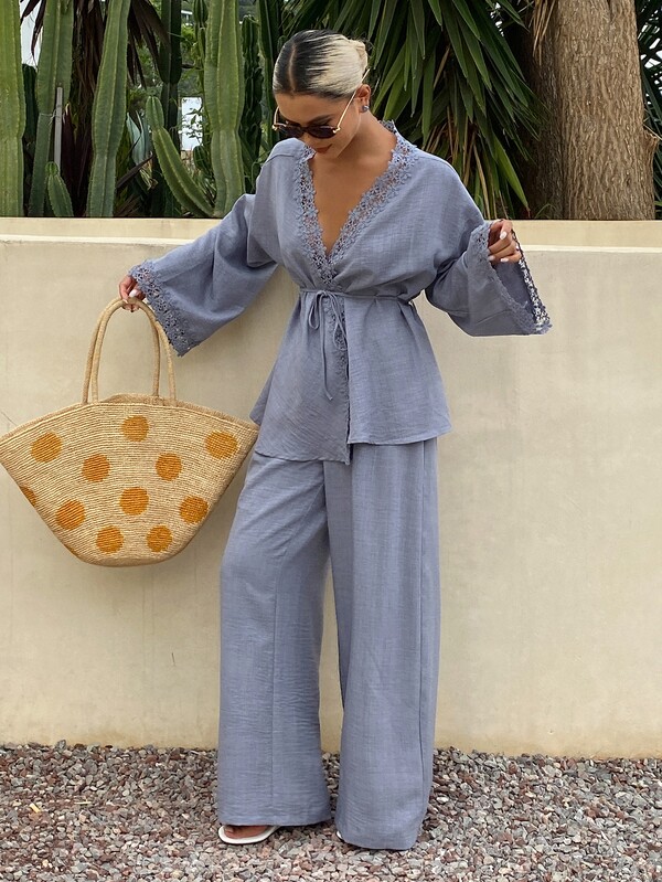 DAZY Women's Solid Color Contrast Lace Long Sleeve Robe And Wide Leg Pants Casual 2 Pieces Set