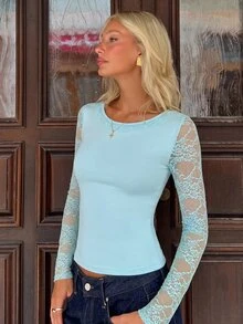 MainGRL Light Blue Knit Fitted T-Shirt For Women Tea Party Date Night Night Out Everyday Autumn Romantic Elegant - Mint Green - View 5
