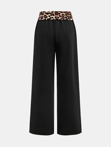 SHEIN 青少年女孩豹紋拼接黑色寬鬆休閒運動長褲，日常百搭，適合逛街、姐妹拍照，秋冬新款 - 黑色 - 查看 2