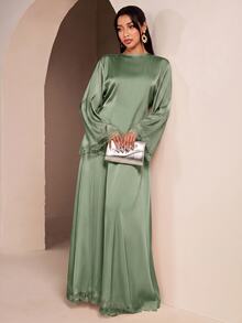 Veilorie Women's Lace Patchwork Long Sleeve Top And Skirt Casual 2 Pieces Set - Green - View 5