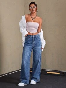 SHEIN Celana Jeans Denim Wanita Kasual Sehari-hari dengan Potongan Lebar, Dilengkapi Saku dan Kancing - Medium Wash - View 3