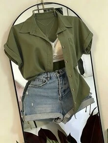 Franclia Plus Size Contrast Color Vertical Striped Turn-Down Collar Rolled Hem Short Sleeve Shirt - Army Green - View 6