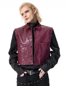 ROMWE MEN Casual Men's Solid Color PU Leather Fashion Versatile Suit Vest - Burgundy - View 4