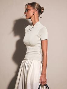 COSMINA Chinese Style Knitted Women's Top With Chinese Button Decoration - White - View 6