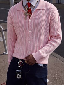 Manfinity LEGND 男士休閒純色翻領落肩長袖粉色開襟羊毛衫，秋冬款 - 彩色 - 查看 1