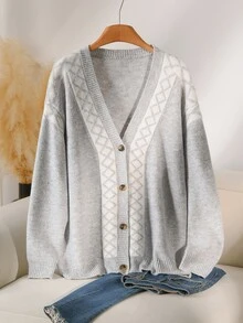 CosyJoli Light Gray & White Diamond Jacquard V-Neck Knit Cardigan Women's Loose Button-Up Sweater Jacket, Autumn/Winter - Light Grey - View 2