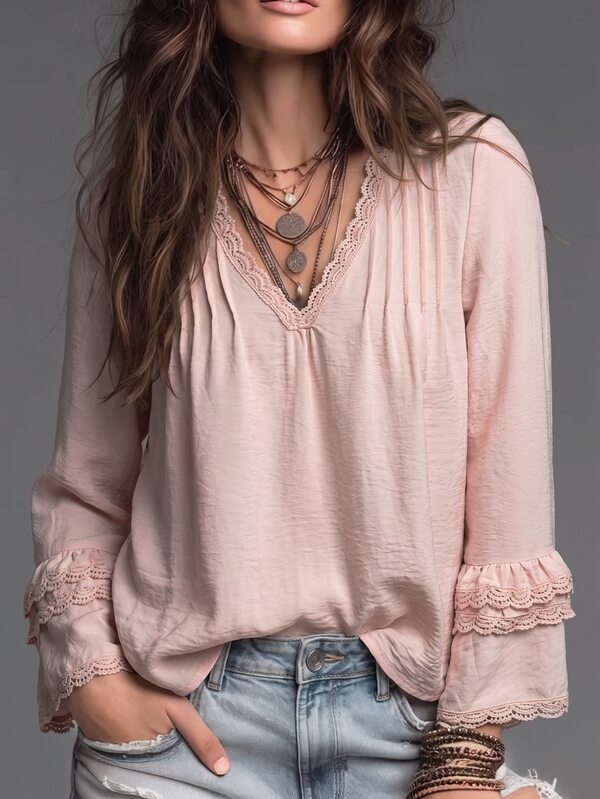 SHEIN Blusa de mujer con cuello en V francés, patchwork de encaje y manga larga, nueva 2026, top corto holgado con pliegues y fruncido, mangas acampanadas, tela de burbuja suave y texturizada, puños de encaje vintage, camisa versátil para uso casual y diario, capa base de ropa exterior