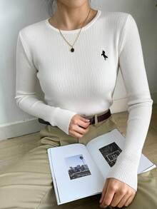 DAZY 女款動物印花休閒百搭日常穿著長袖針織衫 - 白色 - 查看 5