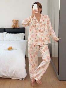 Napfluff Cute Gingerbread Man & Little Cabin Print Lapel Pajama Set, Long Sleeve Long Pants Casual Comfortable Loungewear - Yellow - View 4