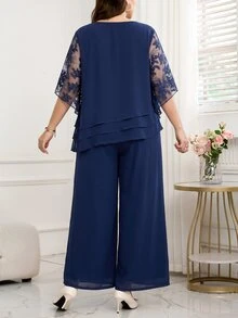 Reflora Plus Size Fashion Asymmetrical Hem Top And Loose Long Pants 2 Pieces Set - Navy Blue - View 2