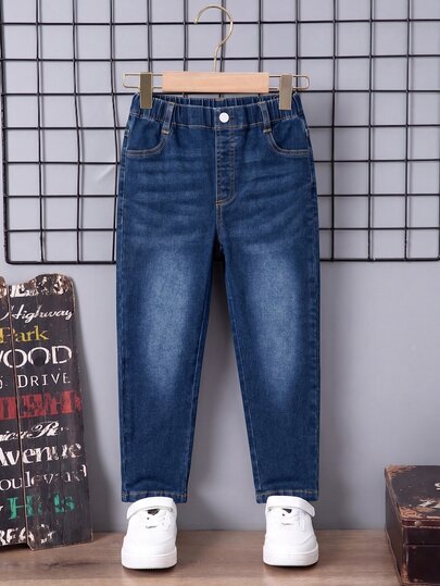 Boys' Denim Jeans, All-Season New Style, Fashionable Retro Design, Deep Blue Washed Denim, Elastic Waistband, Combined Cat Whisker And Spray Horse-Hair, Denim Grinding Wash Process, Tapered Leg Fit, Soft And Comfortable Fabric, Daily Fashion Versatile Style, Suitable For Daily Outings, Gatherings, Travel And More Occasions, All-Season New Boys' Denim Jeans