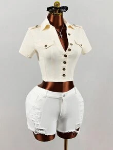 SHEIN Women's Solid Color Short Sleeve Single-Breasted Casual Denim Jacket - White - View 5