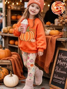 1 Set, Sweatshirt Fleece Lengan Panjang Leher Bulat Motif Oranye dengan Transfer Panas untuk Anak Perempuan + Celana Panjang Pas Badan Motif , Pakaian Kasual Dalam/Luar Ruangan Musim Gugur/Dingin untuk Halloween - MultiWarna - View 5
