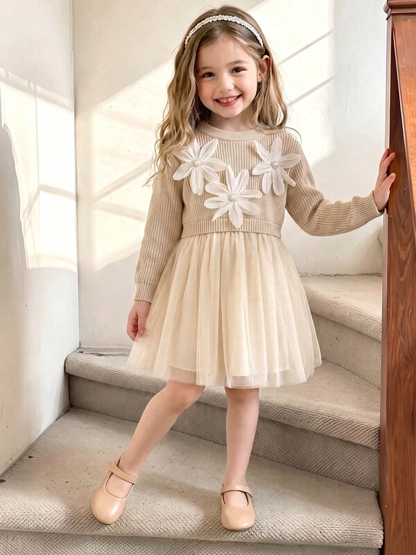SHEIN Toddler Girls Set Polyester Round Neck Long Sleeve Botanical Ruffle Patchwork Short A-Line Loose Fit Princess Dress Fall Khaki