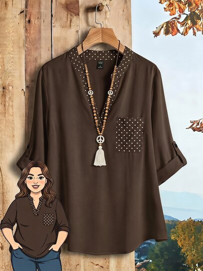 EMERY ROSE Brown Polka Dot Patchwork Plus Size Shirt, Suitable For Early Autumn Fall
