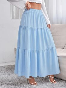 SHEIN PETITE 女款素色百褶休閒百搭日常穿著裙 - 淺藍色 - 查看 3