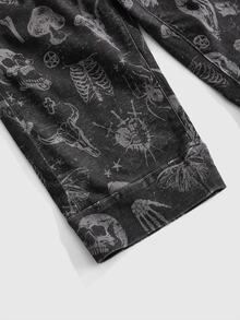 ROMWE Dark Gray Gothic Skull All-Over Print Slim Fit Stretch Denim Mid-Length Pants For Women - Dark Grey - View 4