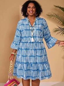 EMERY ROSE Gaun Boho Bohemian Kasual Ukuran Besar Motif Garis Kerah V Berlekuk Lengan 3/4 Kancing Depan Kelim Ruffle Musim Gugur 2026 Liburan Biru dan Putih - Blue and White - View 2