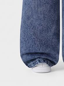 SHEIN Girls' Denim Jeans, All-Season New Style, Cute & Playful Design, Deep Blue Washed Denim With Pink+White Contrast Heart Print And Snow Wash Effect, Fashionable Loose Straight Leg Wide-Leg Fit, Soft & Comfortable Fabric, Versatile For Daily Wear, Parties, Outings And More, All-Season New Girls' Denim Jeans - Dark Wash - View 8