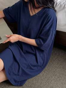 DAZY Minimalist Solid Color Loose V-Neck T-Shirt Style Women's Loungewear Dress Fall - Navy Blue - View 3
