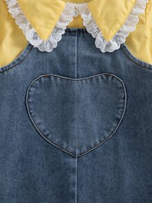 SHEIN 2件組幼女牛仔洋裝上衣，可愛甜美黃藍配色，蕾絲飾邊愛心花卉圖案，長袖彼得潘領，適合假日、秋季、婚禮賓客穿著 - 黃色 - 查看 5